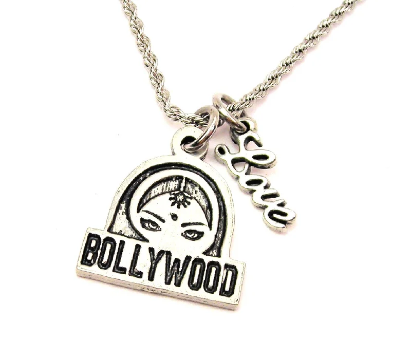 women's necklaces silver -Bollywood 20" Chain Necklace With Cursive Love Accent