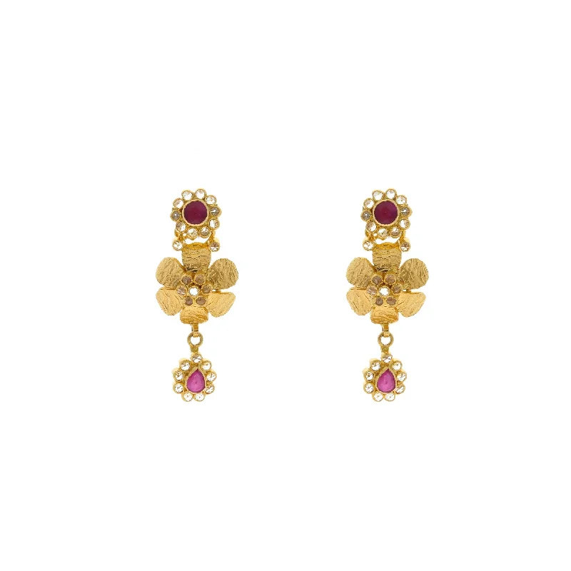 women's earrings with diamond studs -22K Yellow Gold Flower Shaped Hanging Earrings Finely Detailed W/ Ruby & Cubic Zirconia, 11.4 grams