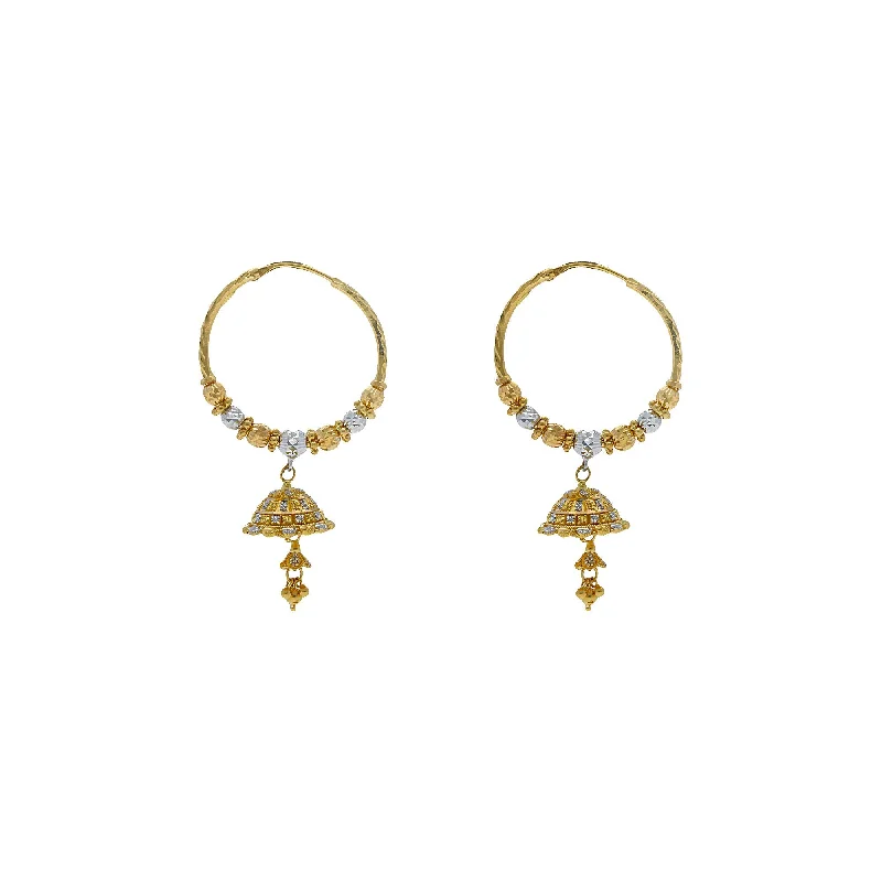 women's earrings with emerald -22K Multi Tone Gold Hoop Earrings W/ Hammered Gold Beads & Jhumki Drops