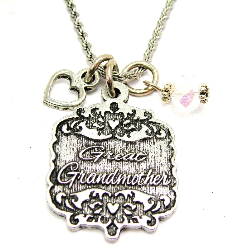 women's necklaces for wedding -Great Grandmother Victorian Scroll With Open Heart And Crystal 20" Stainless Steel Rope Necklace