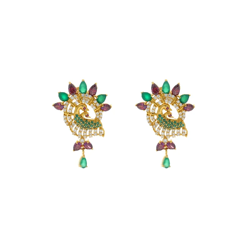 women's earrings with vintage style -22K Yellow Gold peacock Earrings W/ Rubies, Emeralds & Cubic Zirconia , 10.2 grams