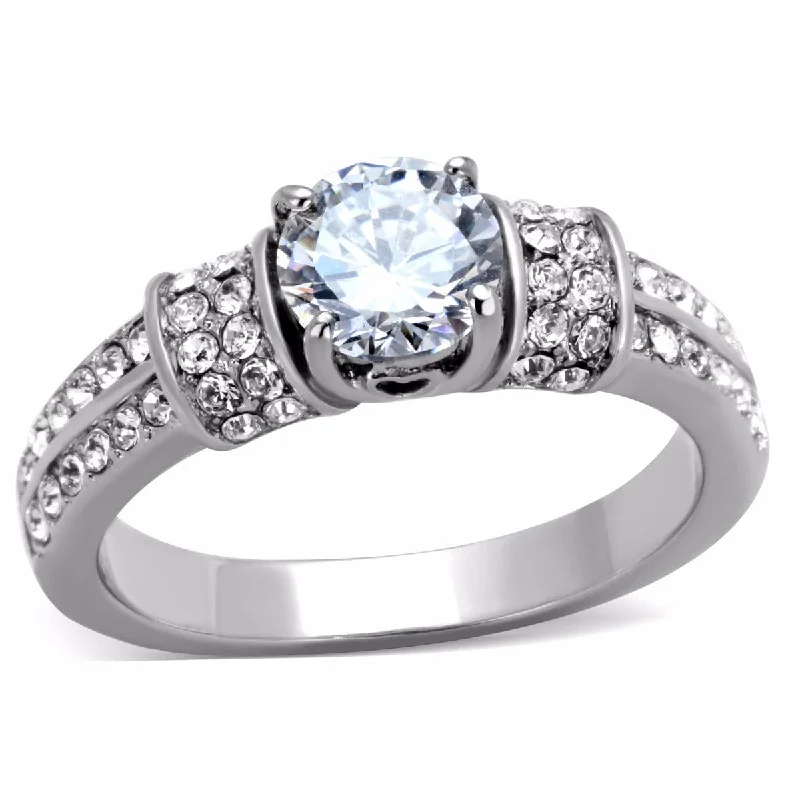 women's rings geometric design -Women's 6x6mm Clear Round Cut CZ Center 316 Stainless Steel Bridal Ring