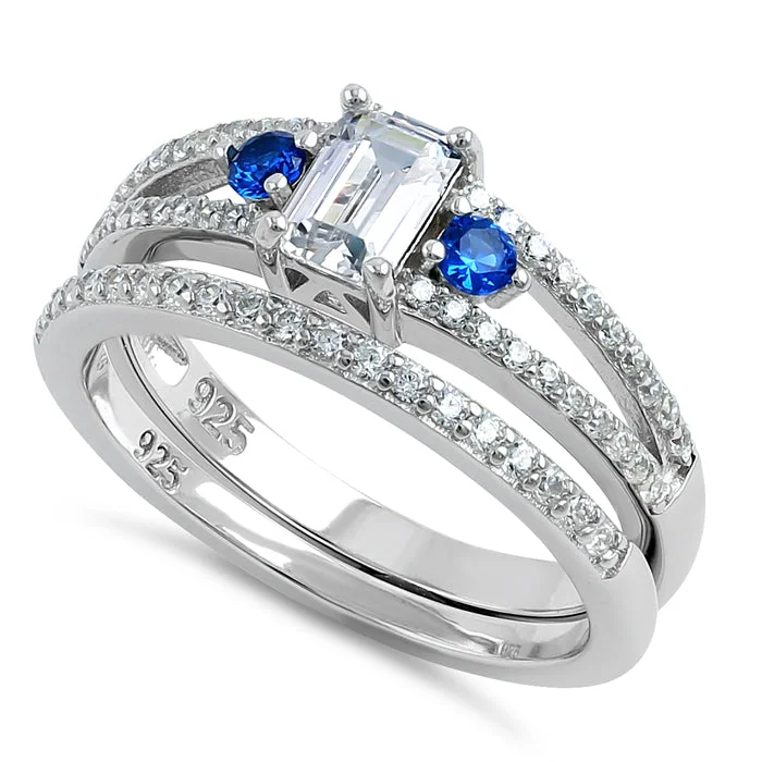 engagement rings for women -Sterling Silver Clear and Blue CZ Wedding Set Ring