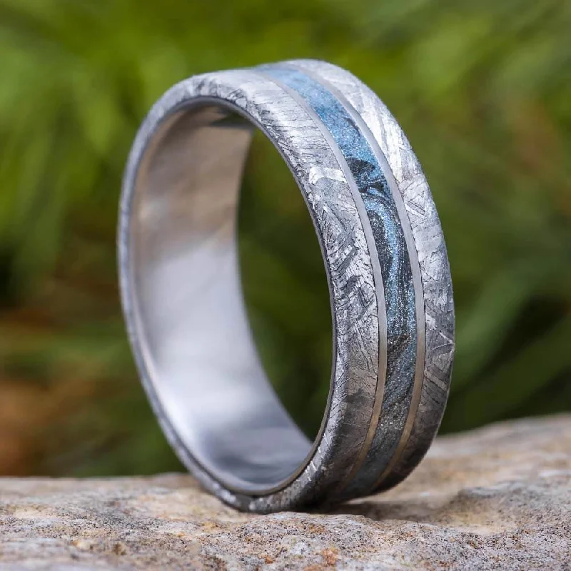 engagement rings with minimalistic bands -Men's Wedding Band with Meteorite and Cobaltium Mokume