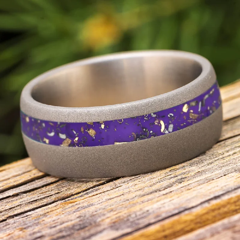 engagement rings with rose gold accents -Sandblasted Titanium Wedding Band with Purple Stardust™ Pinstripe