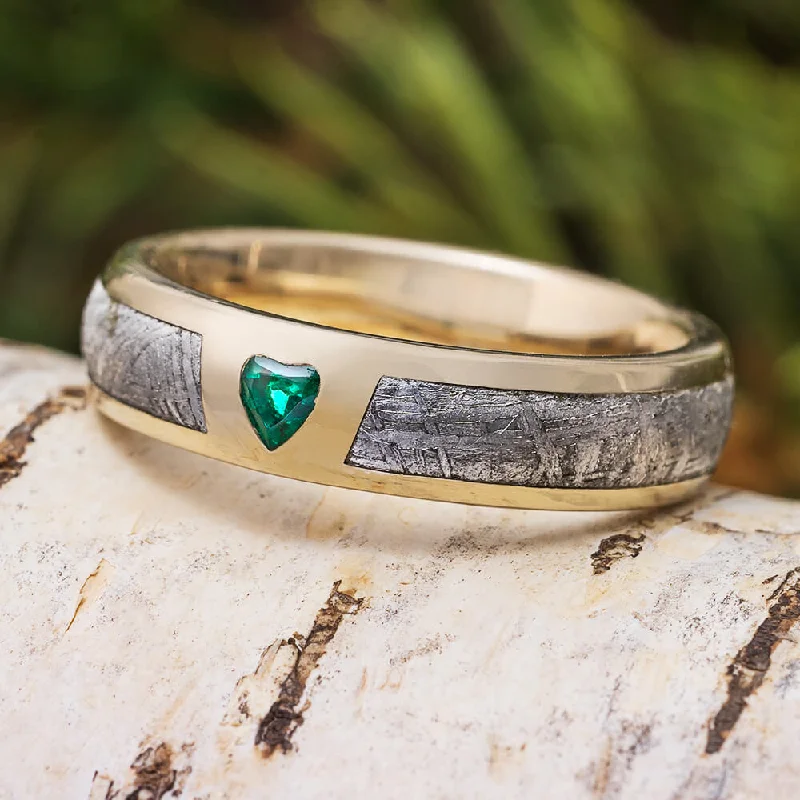 engagement rings with oval gemstone -Heart Shaped Emerald and Meteorite Wedding Band