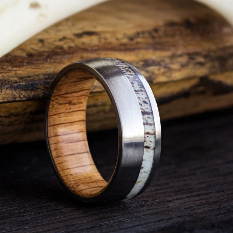 engagement rings with side stones -Brushed Titanium Wedding Band With Oak Wood Sleeve And Antler