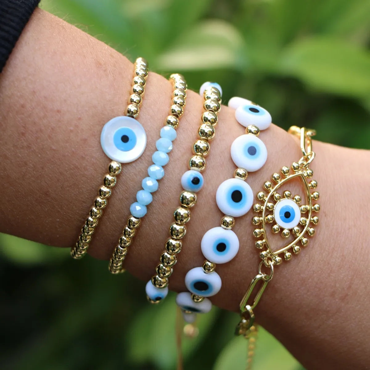 women's bracelets with tourmaline -Simple Ethnic Colored Glaze Evil Eye Color Gold Bead Multi-layered Bracelet