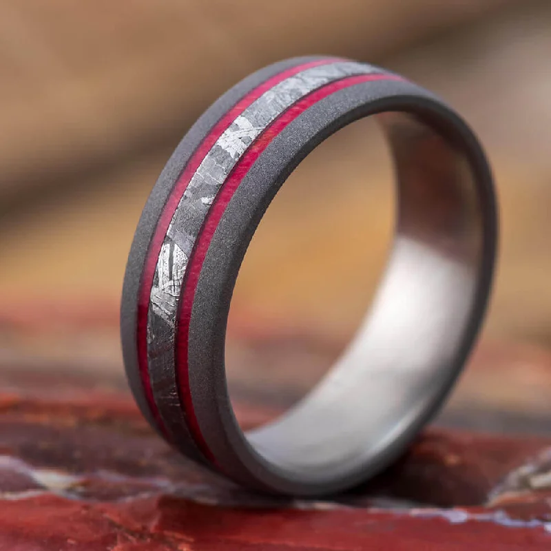 engagement rings with nature-inspired design -Men's Wedding Band with Meteorite and Red Box Elder Burl Wood