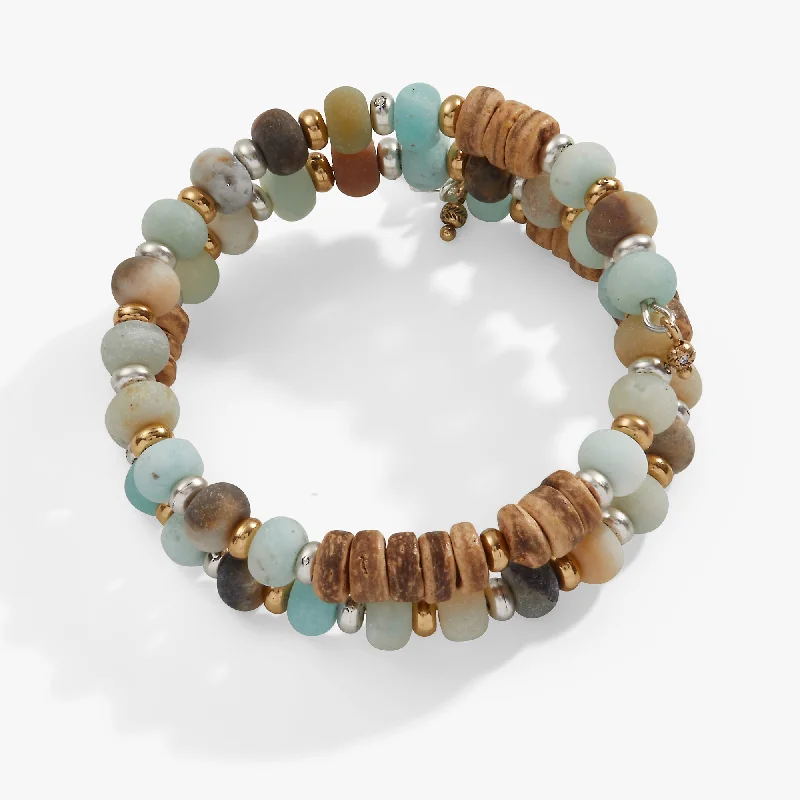 women's bracelets with pearls and gems -Amazonite + Wood Beaded Wrap Bracelet