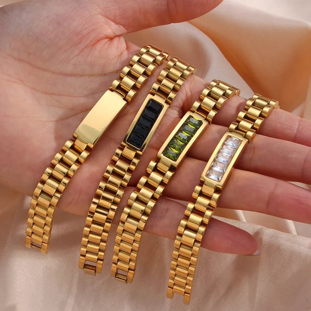 women's bracelets with crystal quartz -Retro Geometric Stainless Steel Stripe Zircon Bangle