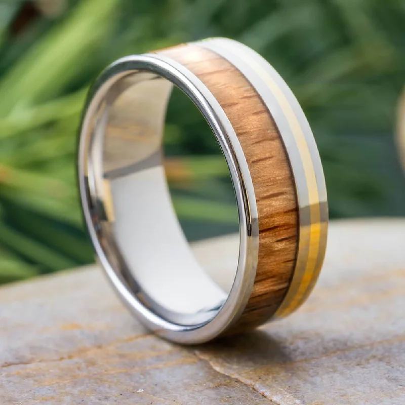 engagement rings with bright diamonds -Oak Wood Wedding Band with Gold Pinstripe in Titanium