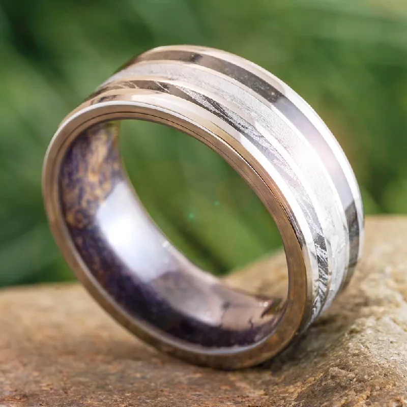 engagement rings for modern couples -Meteorite, Jade, and Mokume Wedding Band with Wood Sleeve