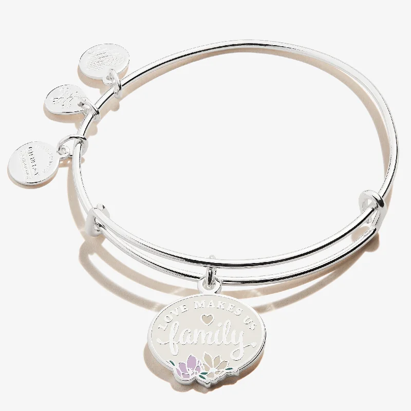 women's bracelets with unique textures -'Love Makes Us Family' Charm Bangle