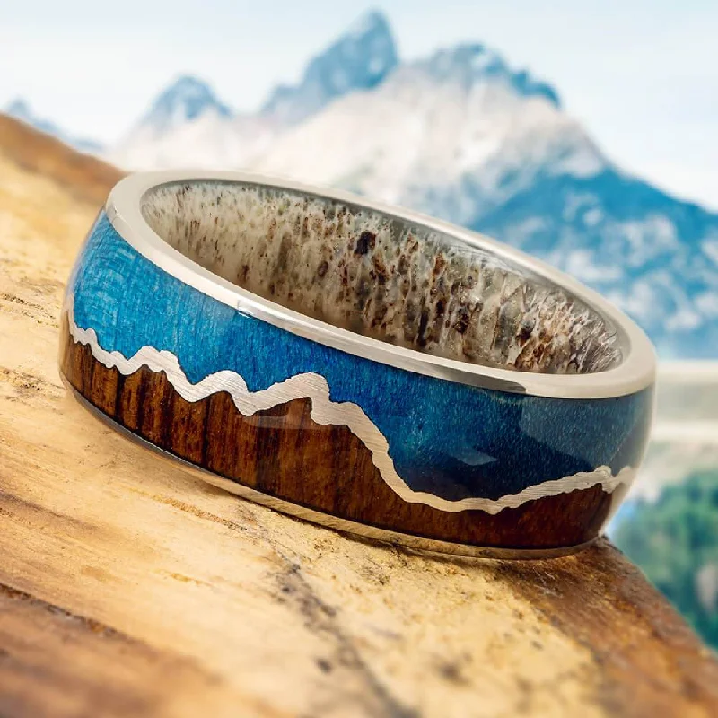 engagement rings with floral design -Antler and Wood Mountain Wedding Band with Grand Tetons Silhouette