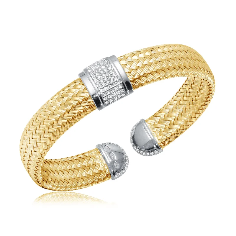 women's bracelets with large stone centerpiece -2-Tone 6mm Mesh Cuff with Crystal Bar and Edges