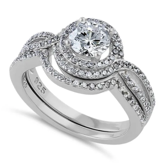 engagement rings with side stones -Sterling Silver Halo CZ Wedding Set Ring