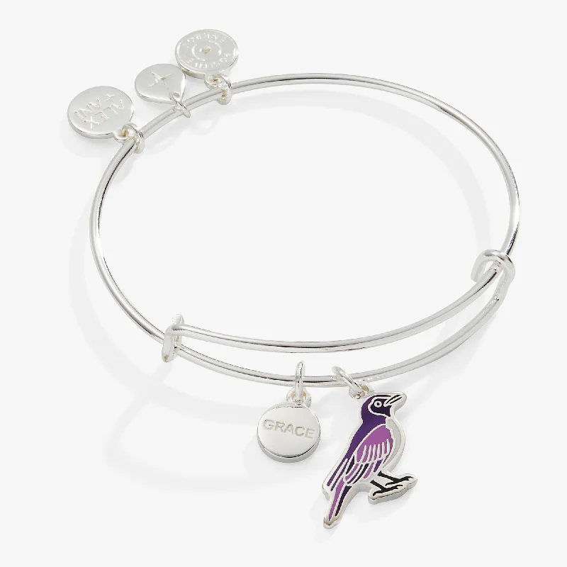 women's bracelets with hammered finish -'Grace' Violet Backed Starling Charm Bangle