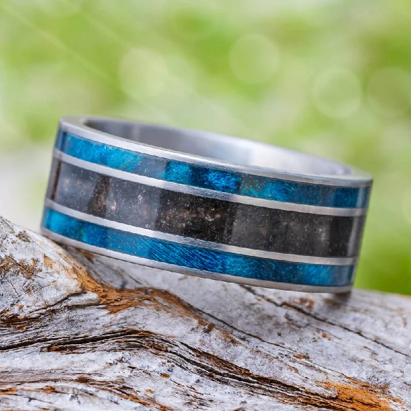 engagement rings with three stones -Blue Wood Men's Wedding Band With Crushed Dinosaur Bone