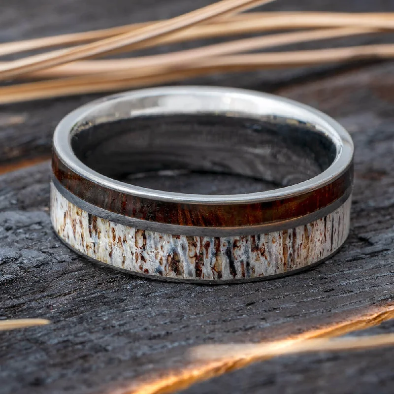 engagement rings with sapphire -Manly Deer Antler Wedding Band with Ironwood in Titanium