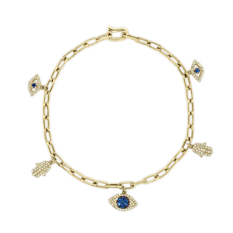 women's bracelets with colorful stones -Diamond & Sapphire Evil-Eye & Hamsa Charm Bracelet