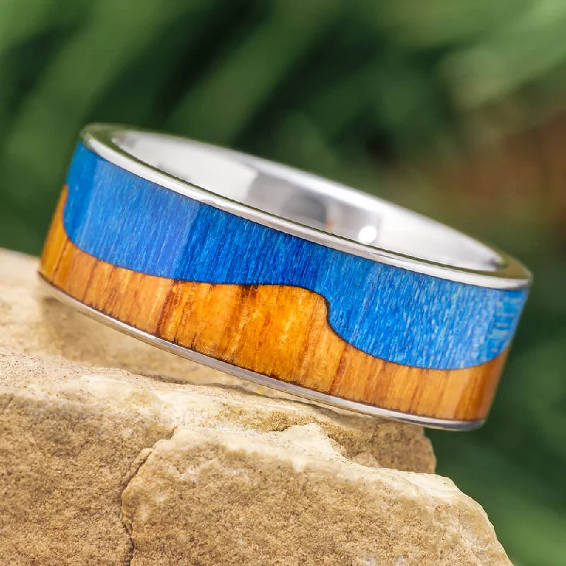 engagement rings with minimalist design -Wavy Wedding Band, Blue Box Elder & Koa Wood Beach Wedding Ring