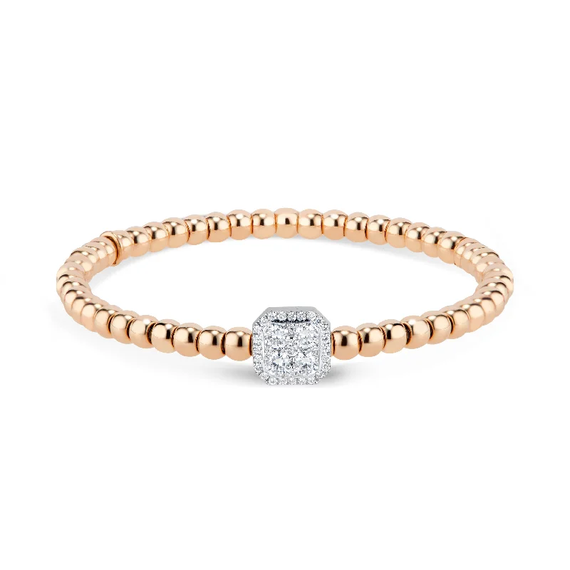 women's bracelets with simple elegance -Beaded Gold Stretch Bracelet with Diamond Octagon