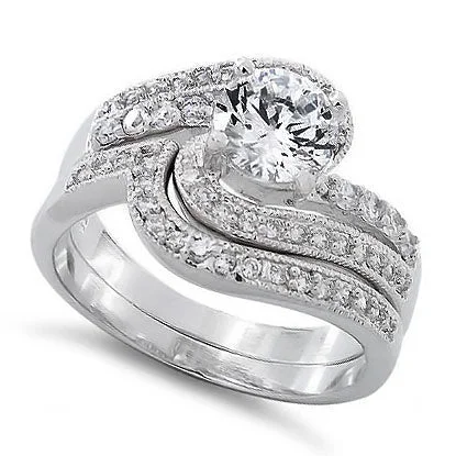 engagement rings with split shank -Sterling Silver Swirl CZ Wedding Set Ring