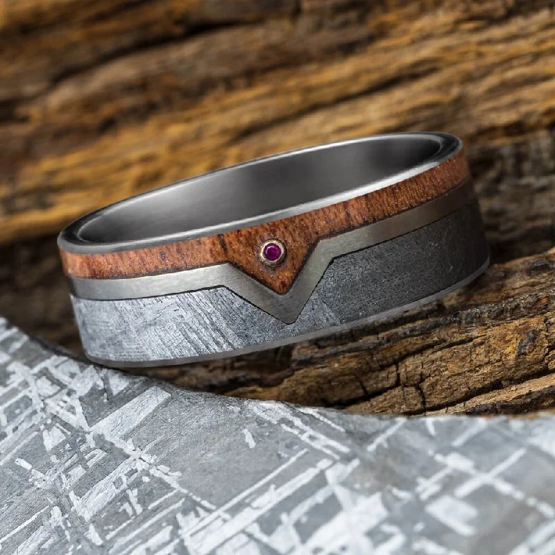 engagement rings for anniversary -Ruby Wedding Band with Meteorite and Mahogany Wood