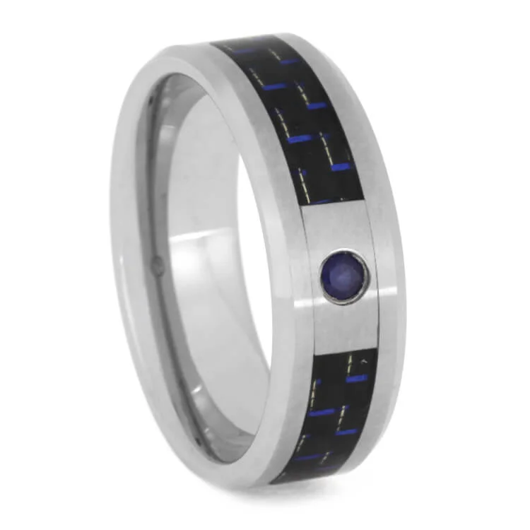 engagement rings with antique style -Blue Diamond Wedding Ring With Carbon Fiber In Tungsten