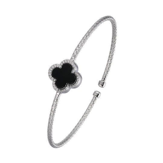 women's bracelets with crystal quartz -SS 2mm Mesh Cuff with Black Onyx Clover