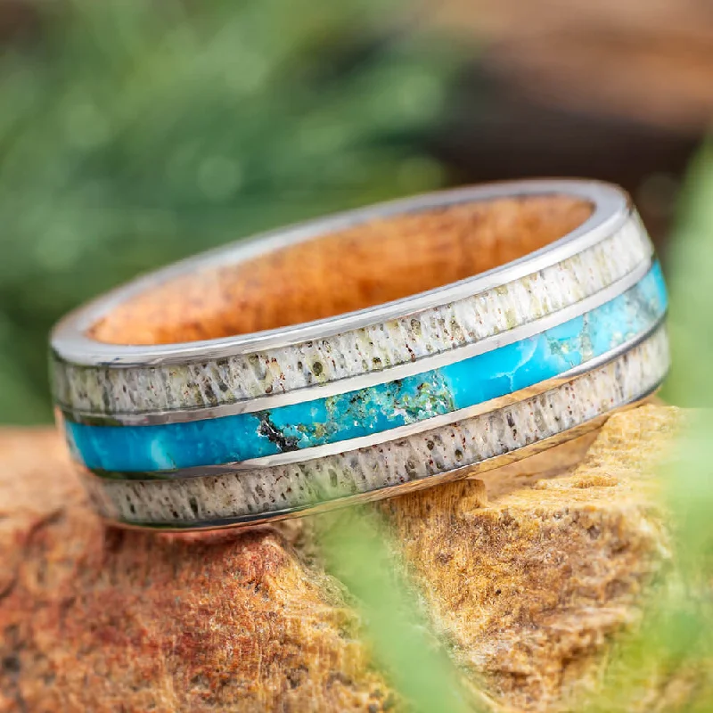 engagement rings with princess cut diamond -Turquoise Men's Wedding Band with Wood and Antler