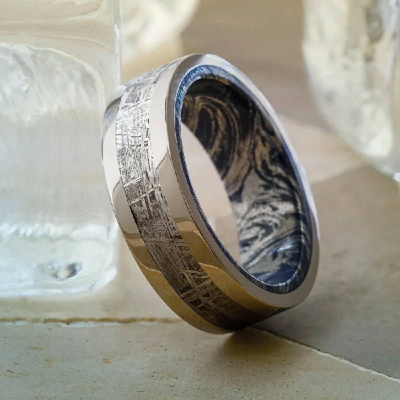 engagement rings with custom made diamonds -Meteorite Men's Wedding Band With Composite Mokume Gane Sleeve