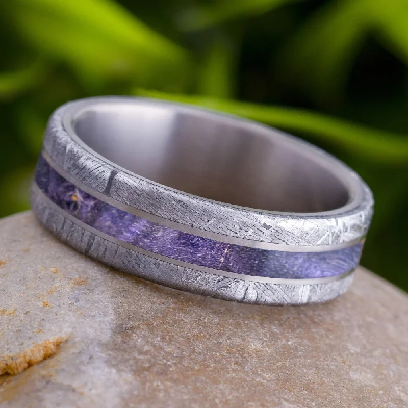 engagement rings with pave diamonds -Purple Wood Men's Wedding Band Meteorite Edges Separated By Titanium Pinstripes