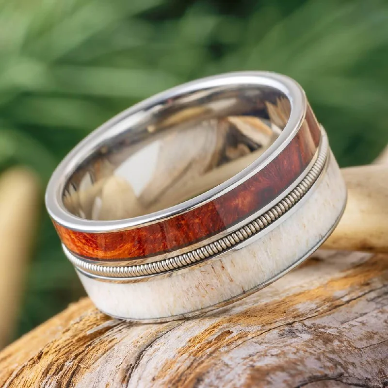 engagement rings with diamond-studded band -Antler Wedding Band with Exotic Wood and Guitar String