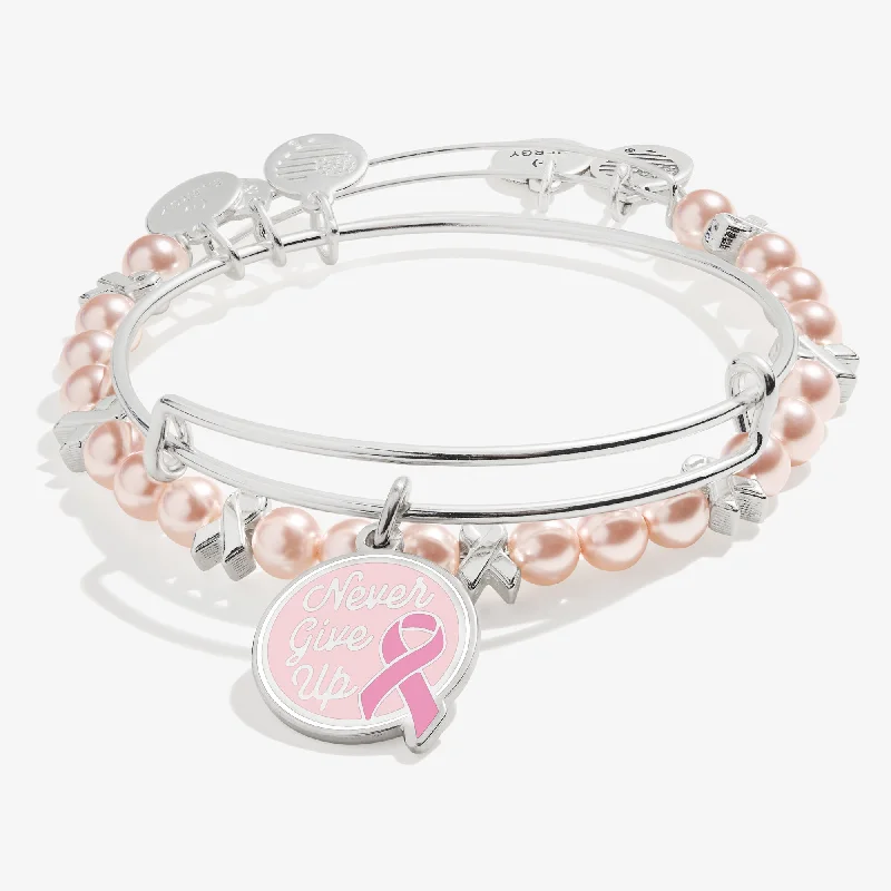 women's bracelets with pearls and gems -'Never Give Up' Breast Cancer Awareness Charm Bangles, Set of 2