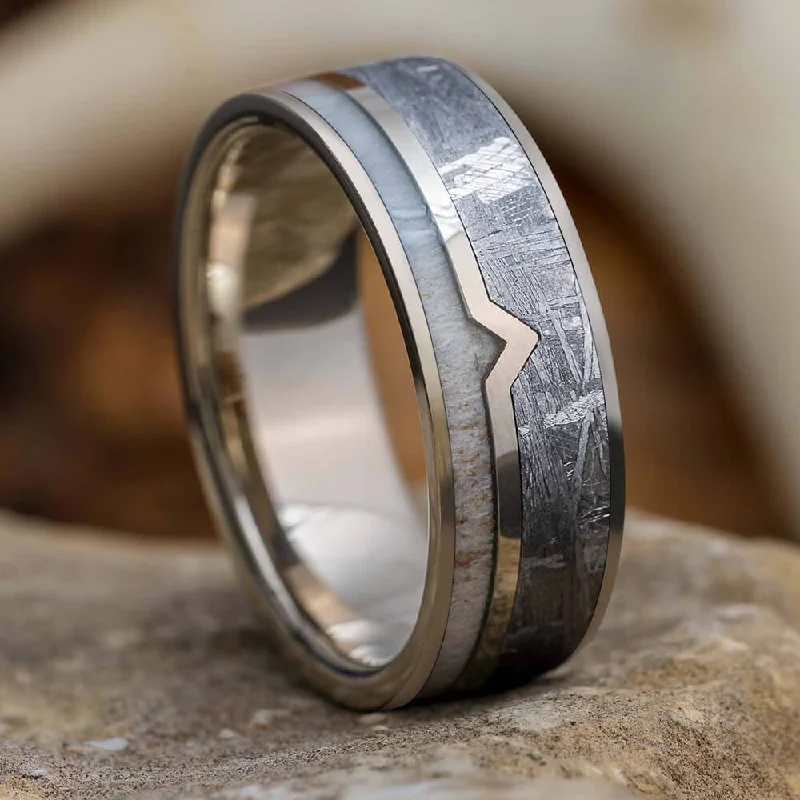 engagement rings vintage -Men's Wedding Band with Deer Antler & Meteorite