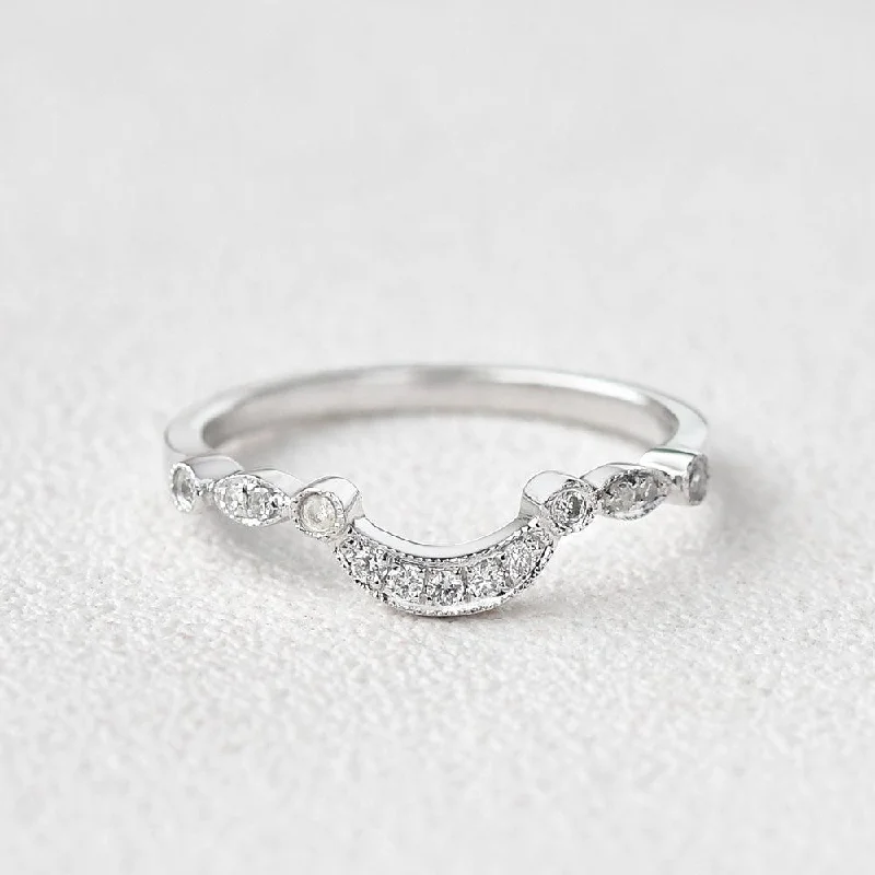 engagement rings with oval diamond -Moissanite Curved Wedding White Gold Stacking Band