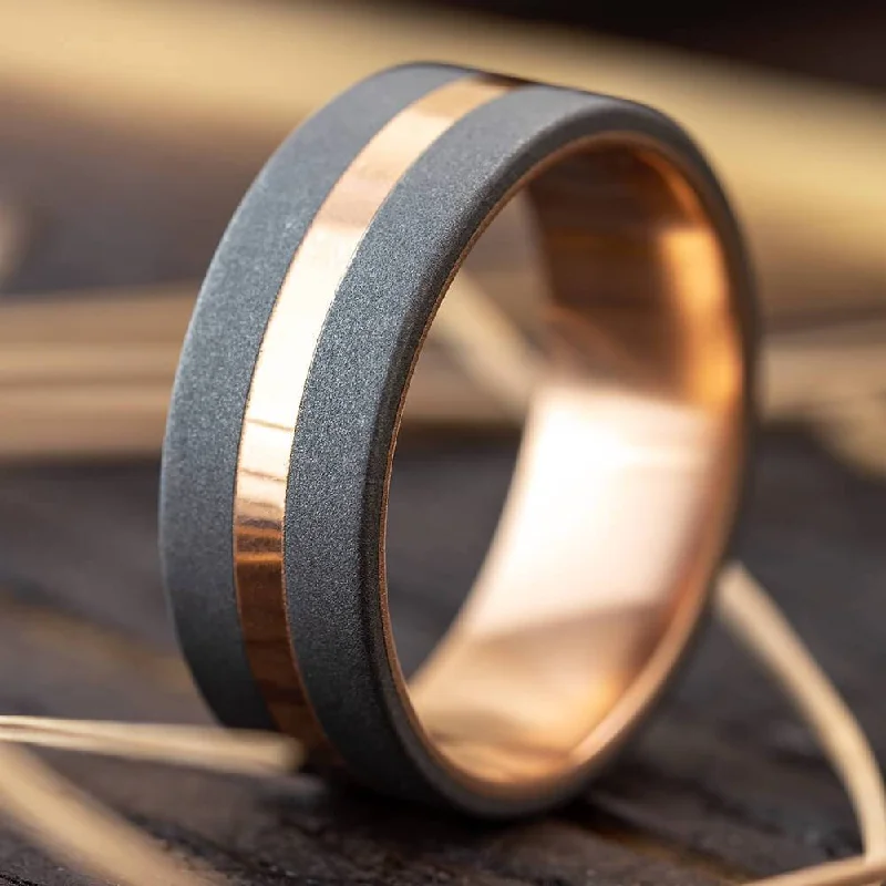 engagement rings with intricate design -Sandblasted Titanium Wedding Band with Gold Pinstripe