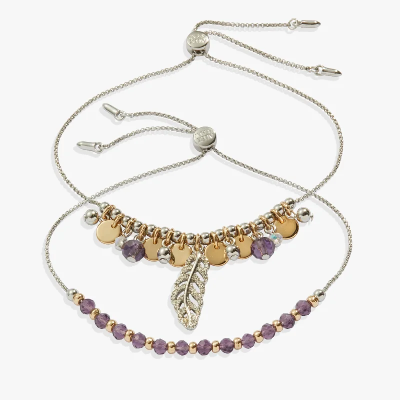 women's bracelets with silver accents -Feather Bolo Bracelet Gift Set