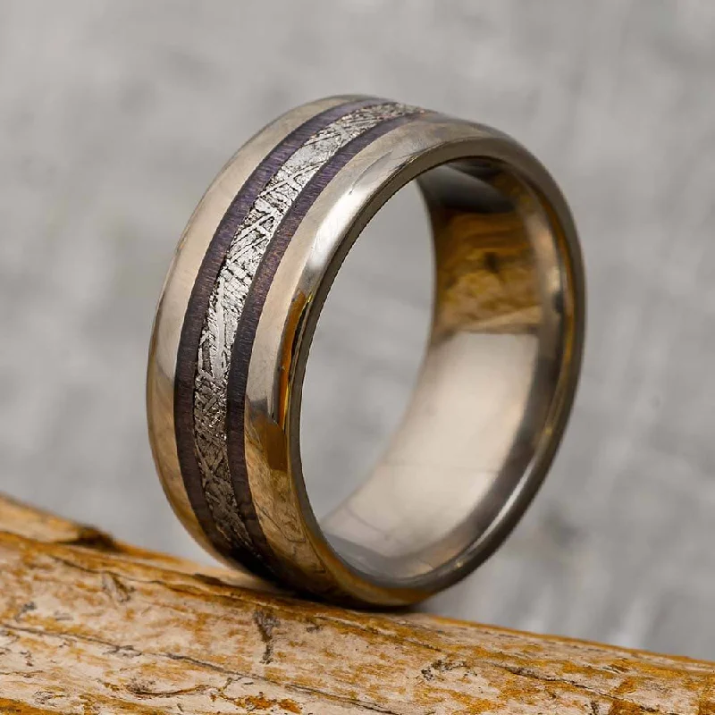 engagement rings with blue sapphire -Men's Wedding Band with Gibeon Meteorite and Purple Box Elder Burl Wood