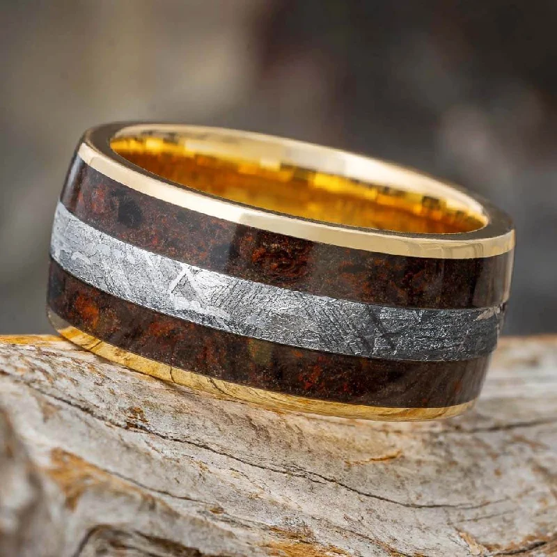 engagement rings with simple gemstone -Solid Gold Dinosaur Bone & Meteorite Men's Wedding Band