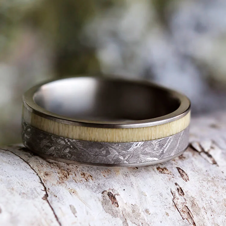 engagement rings for men -Aspen Wood Ring with Meteorite, Titanium Men's Wedding Band