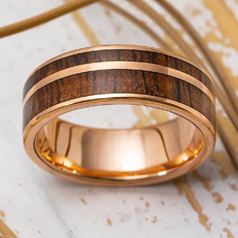 engagement rings with rose gold -Solid Gold Wood Men's Wedding Ring With Thin Pinstripe