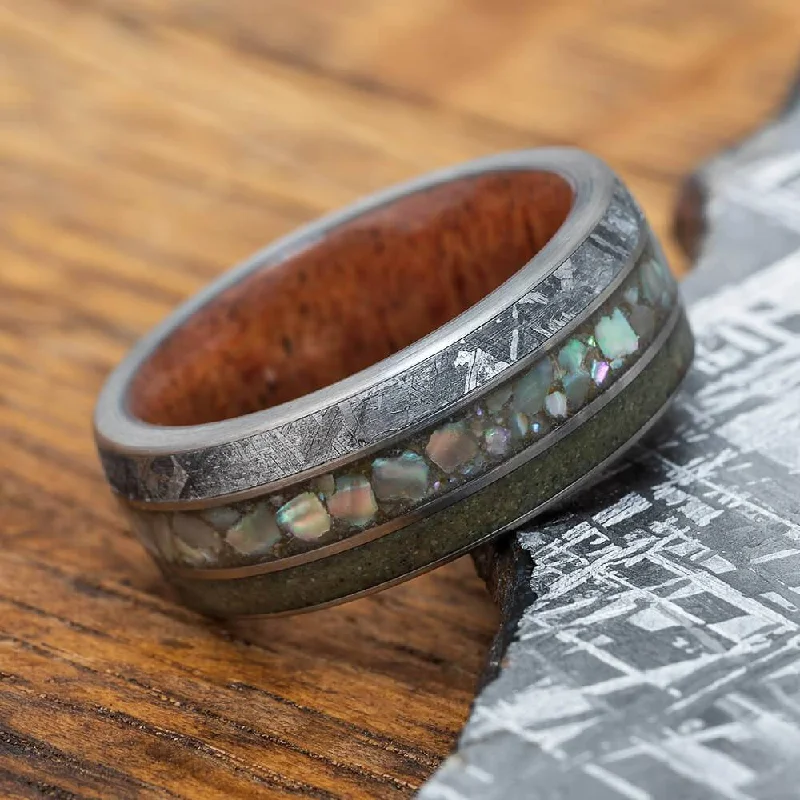 engagement rings for modern brides -Abalone Wedding Band with Meteorite and Dinosaur Bone