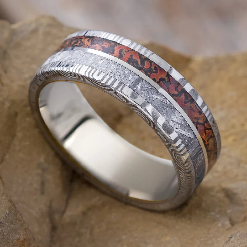 engagement rings with hidden diamonds -Meteorite & Dinosaur Bone Wedding Band With Damascus Steel