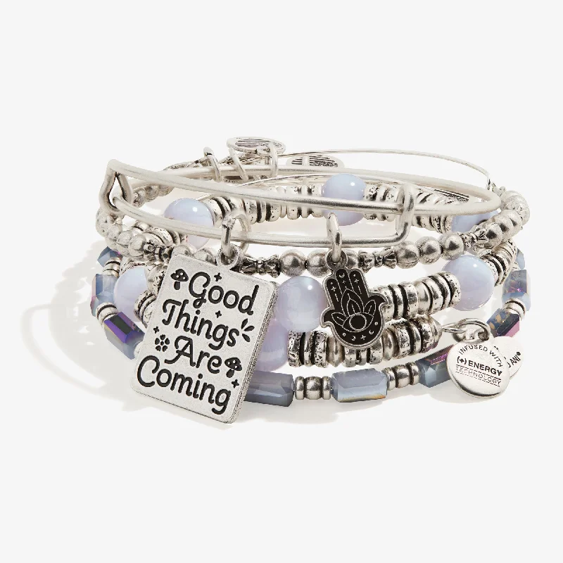 women's bracelets engraved -'Good Things Are Coming' Charm Bangles, Set of 4