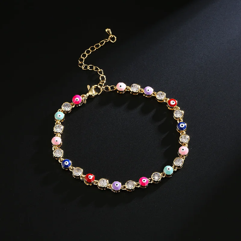 women's bracelets with moonstone -Fashion Copper Plated Real Gold Micro Inlaid Zircon Dripping Oil Devil's Eye Bracelet