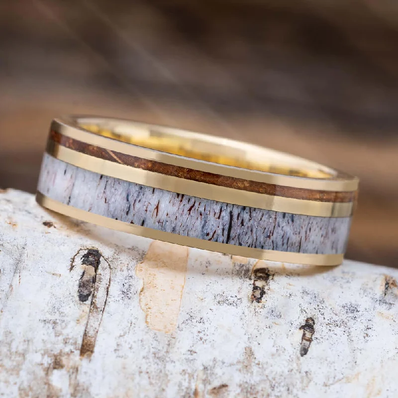 engagement rings with custom band -Men's Wedding Band with Deer Antler & Whiskey Barrel