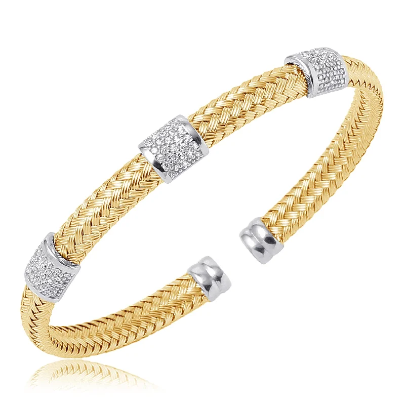 women's bracelets with layered design -2-Tone 6mm Mesh Cuff with 3 Decorative Bar Stations